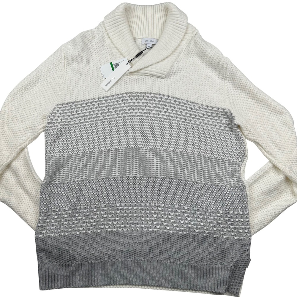 Calvin Klein Mens Shawl Collar Waffle Knit Sweater Cream Grey Gradient Large NEW